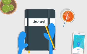 Blue illustrated hands holding a pencil over a closed journal on a desk