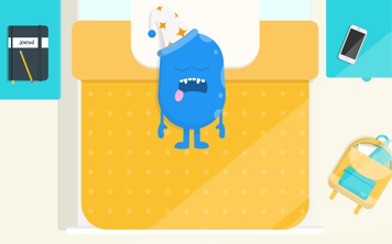 Vue aérienne du personnage bleu de Copey dormant sur le dos sur un lit et bavant