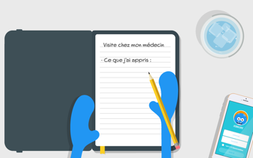 Vue aérienne de Copey écrivant des notes sur son rendez-vous chez le médecin dans un carnet